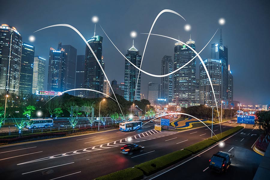 Concept of smart cities, vehicles and infrastructure communication.